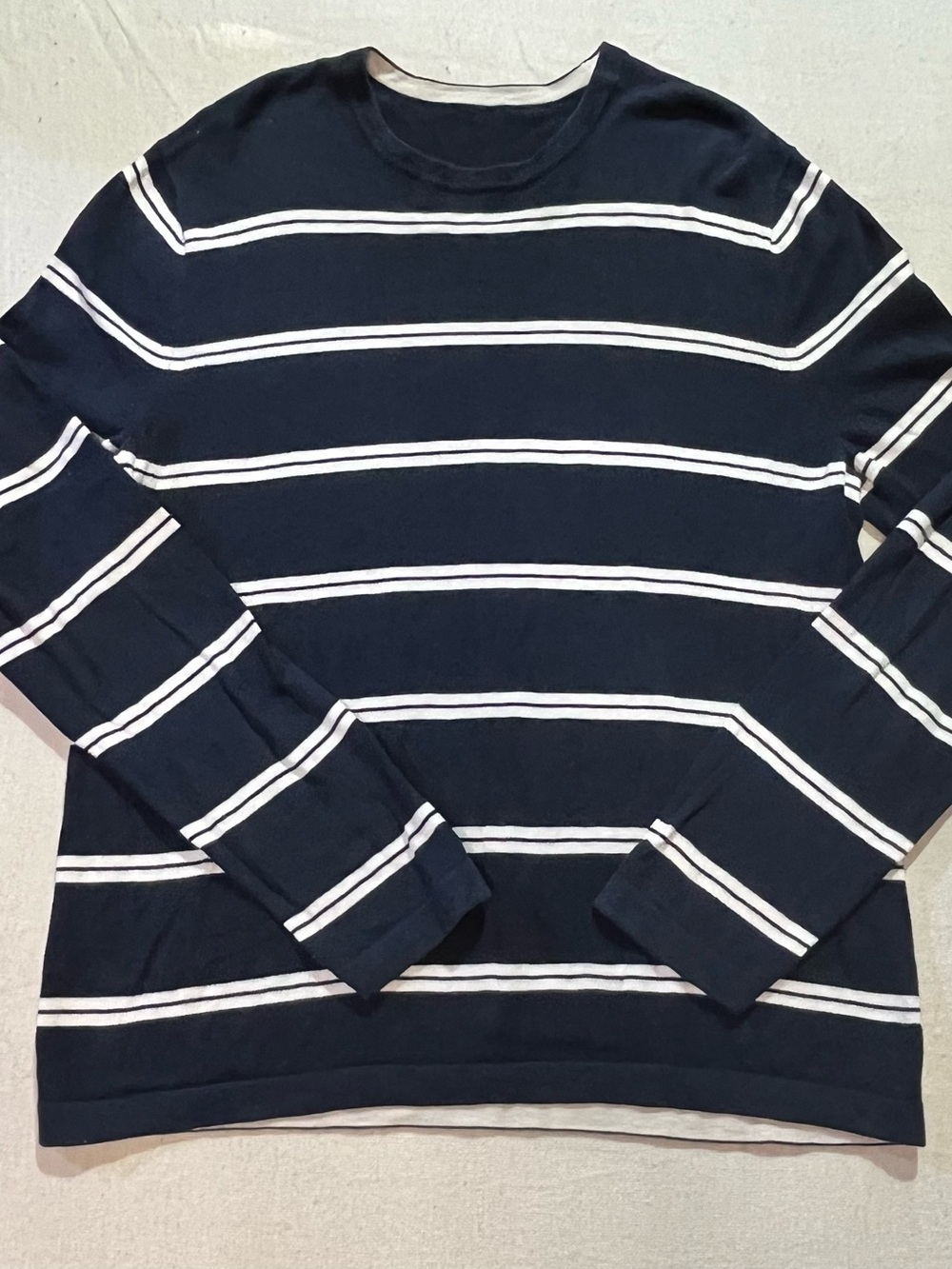 Navy White Stripe Pima Cotton/Wool Blend Crewneck Sweater